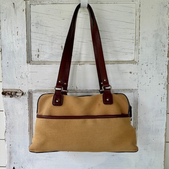 VINTAGE,AIGNER, CANVAS & LEATHER SHOULDER/ SATCHEL BAG.TAN WITH BURGUNDY LEATHER - Picture 5 of 13